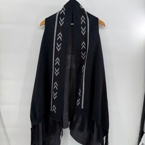 World Market Womens Southwestern Knit Vest Open Front Fringe Charcoal Grey O/S
